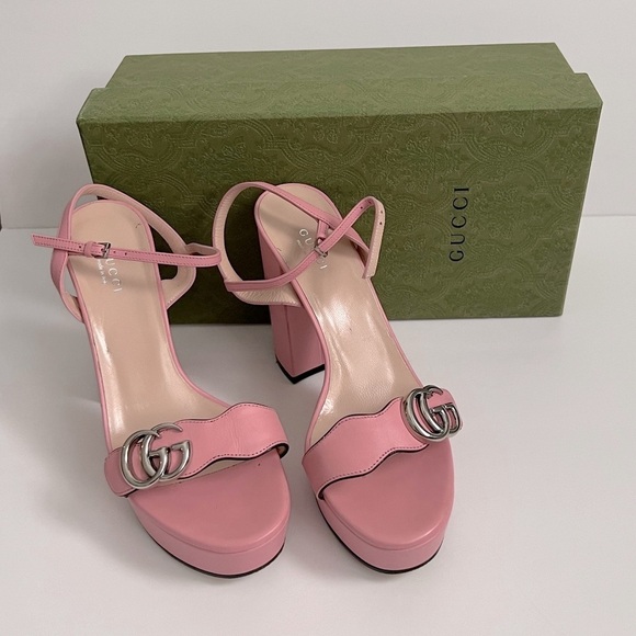 GUCCI Marmont GG Platform Sandals Lifford Pink Leather Block High Heel - Picture 1 of 17